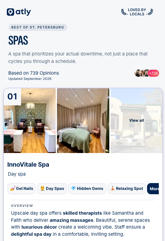 Atly.com showcasing InnoVitale Spa as the #1 Day Spa in St Petersburg, FL